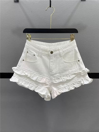 Sweet fungus lace denim shorts for women 2025 summer new style age-reducing slimming A-line wide-leg pants hot girl hot pants