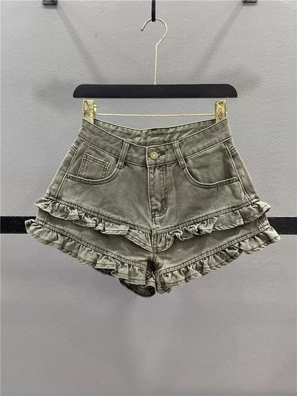 Sweet fungus lace denim shorts for women 2025 summer new style age-reducing slimming A-line wide-leg pants hot girl hot pants