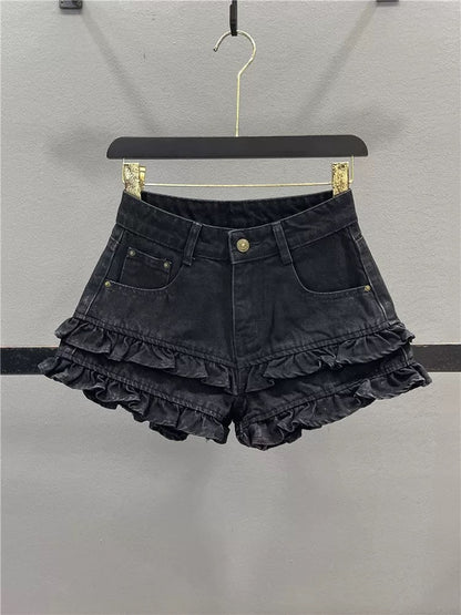 Sweet fungus lace denim shorts for women 2025 summer new style age-reducing slimming A-line wide-leg pants hot girl hot pants