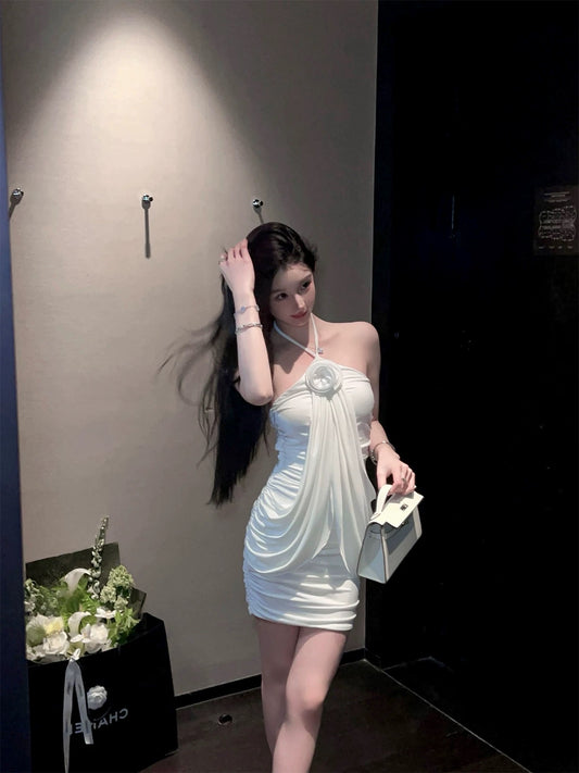 FairyJiang new summer white halterneck suspender dress pleated off-shoulder hip skirt with flowers