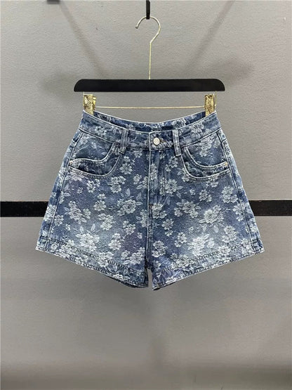 Retro jacquard embroidery denim shorts for women 2025 summer design high waist slim hot girl A-line wide leg hot pants