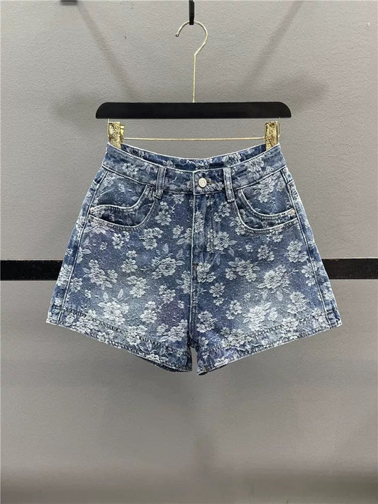 Retro jacquard embroidery denim shorts for women 2025 summer design high waist slim hot girl A-line wide leg hot pants