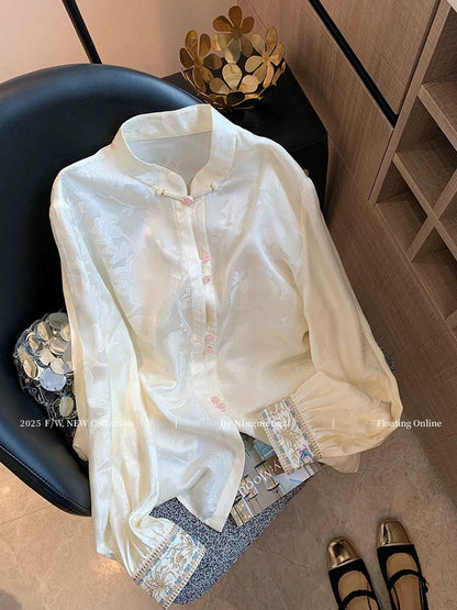 New Chinese style satin jacquard embroidered stand collar shirt for women, 2025 summer new style, elegant and versatile, Chinese style inner layer top.