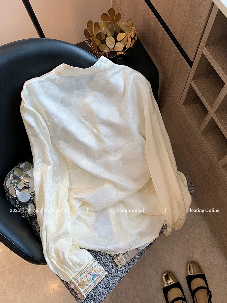 New Chinese style satin jacquard embroidered stand collar shirt for women, 2025 summer new style, elegant and versatile, Chinese style inner layer top.