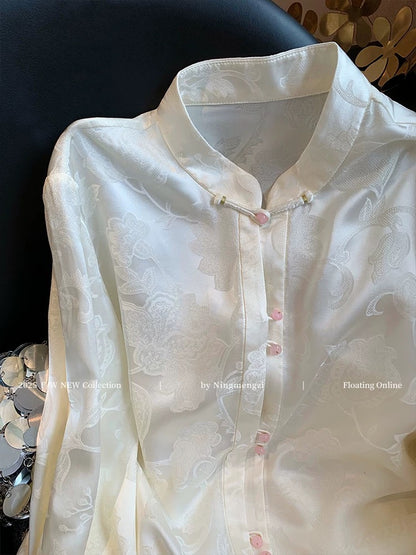 New Chinese style satin jacquard embroidered stand collar shirt for women, 2025 summer new style, elegant and versatile, Chinese style inner layer top.