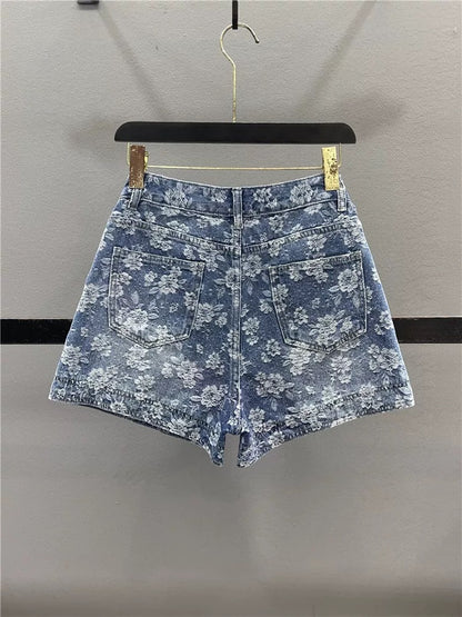 Retro jacquard embroidery denim shorts for women 2025 summer design high waist slim hot girl A-line wide leg hot pants