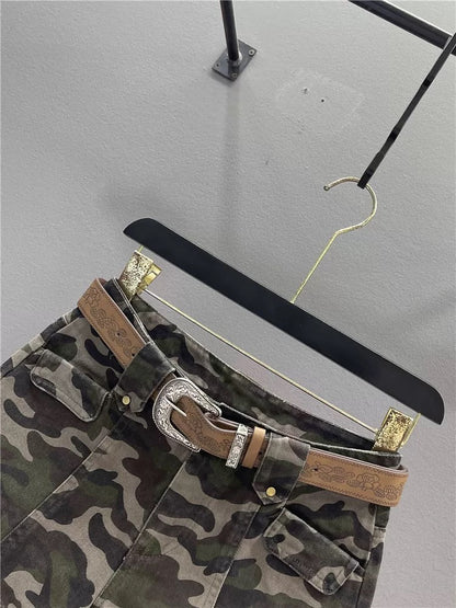American hot girl camouflage denim shorts women 2025 summer design low waist slim sexy hip-wrapped ultra-short hot pants