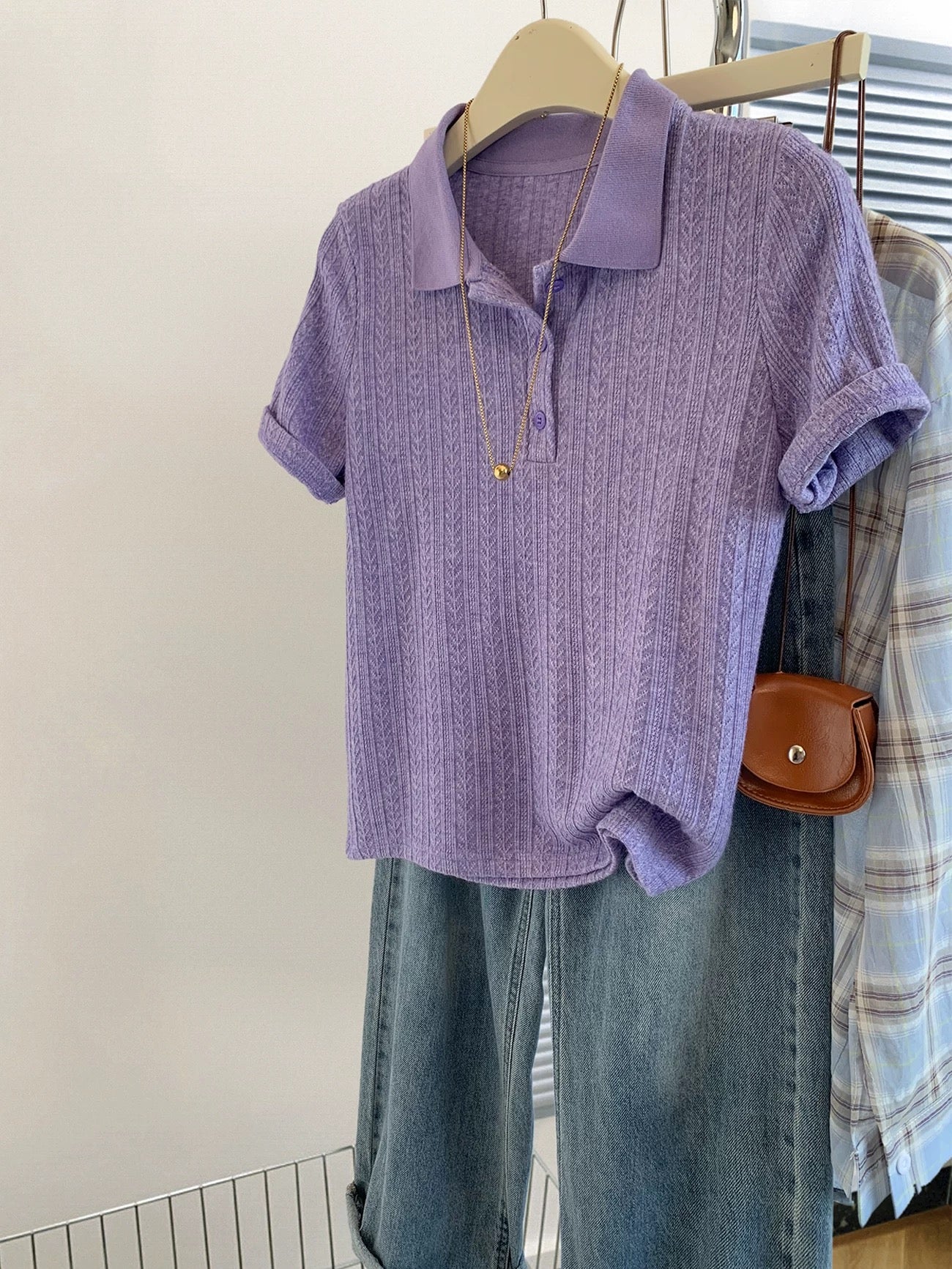 Purple straight shoulder polo shirt ice silk knitted short-sleeved T-shirt female summer 2025 new style hot style high-end top summer