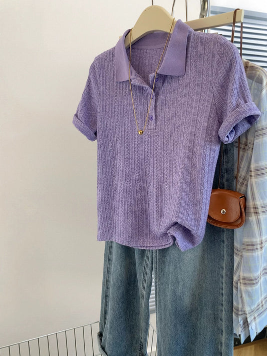 Purple straight shoulder polo shirt ice silk knitted short-sleeved T-shirt female summer 2025 new style hot style high-end top summer