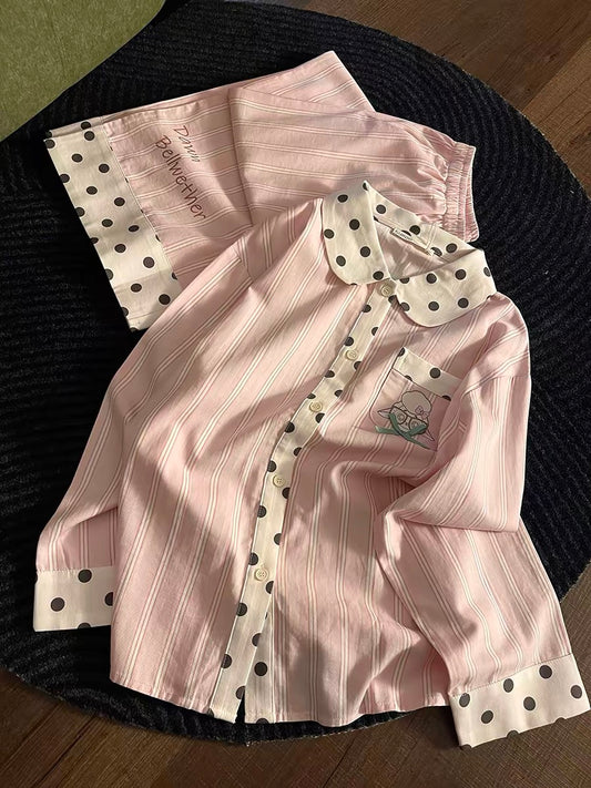 Sin Glee Women's Pink Long-Sleeve Pajama Set – Sweet, Loose-Fit Loungewear with Color-Block Polka Dots and Stripes (Spring/Autumn Style)