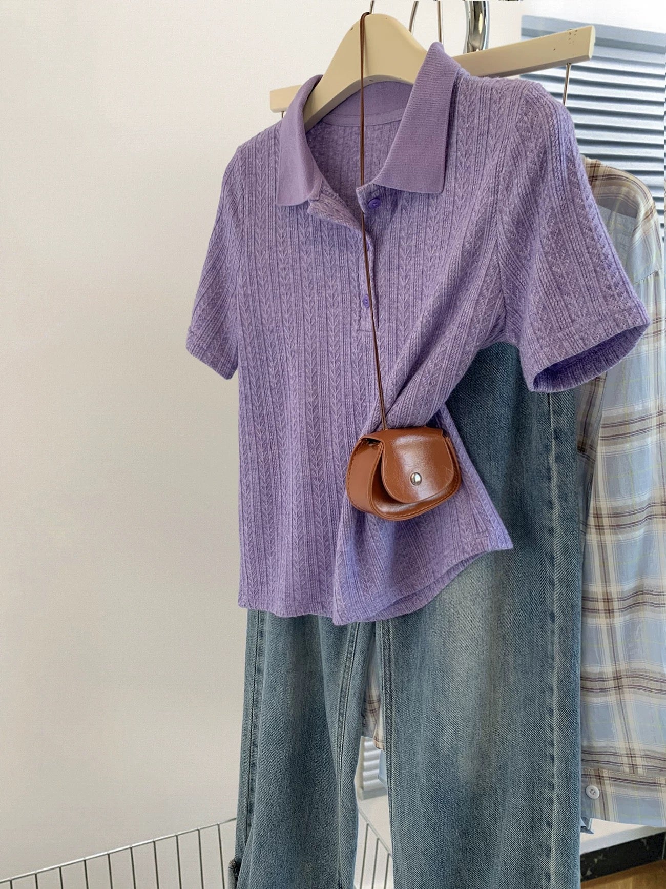 Purple straight shoulder polo shirt ice silk knitted short-sleeved T-shirt female summer 2025 new style hot style high-end top summer
