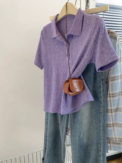 Purple straight shoulder polo shirt ice silk knitted short-sleeved T-shirt female summer 2025 new style hot style high-end top summer