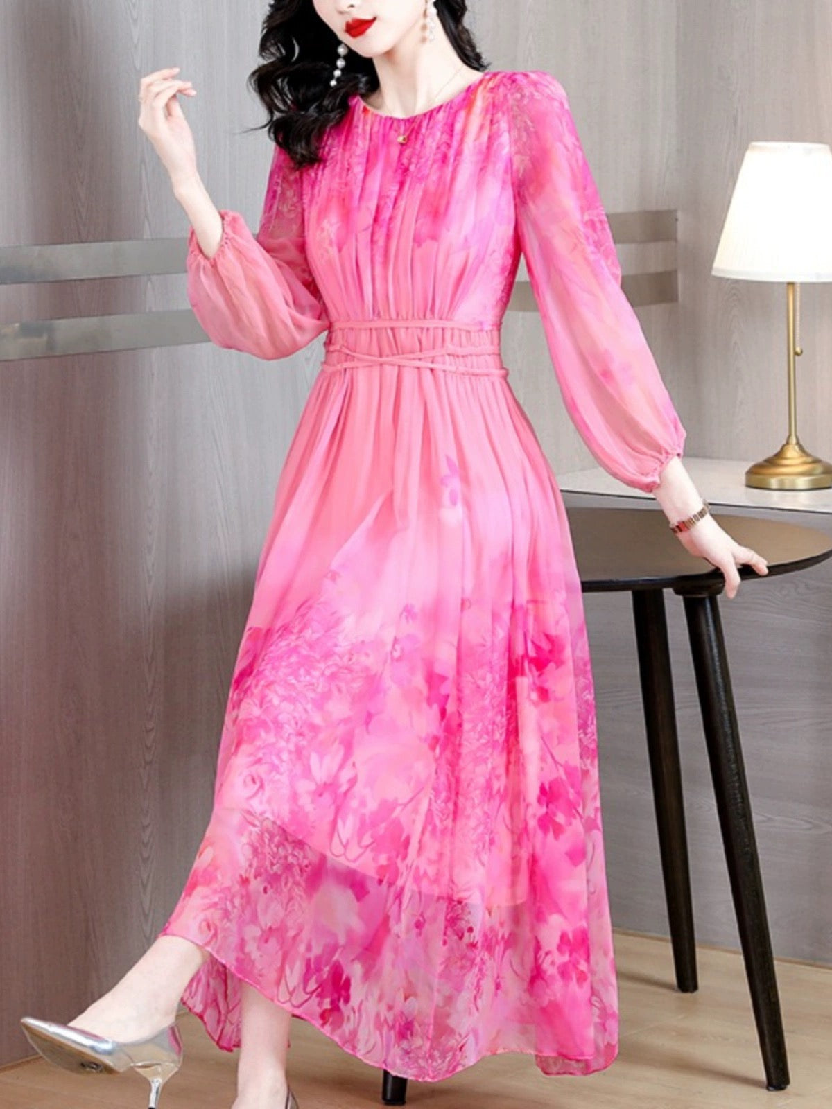 High-end temperament printed brand-name silk dress for women, spring too wide, French style waist slimming mulberry silk long skirt