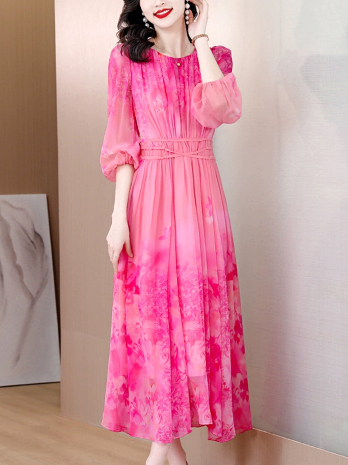 High-end temperament printed brand-name silk dress for women, spring too wide, French style waist slimming mulberry silk long skirt