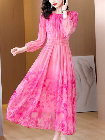 High-end temperament printed brand-name silk dress for women, spring too wide, French style waist slimming mulberry silk long skirt