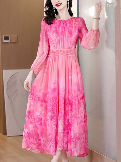 High-end temperament printed brand-name silk dress for women, spring too wide, French style waist slimming mulberry silk long skirt