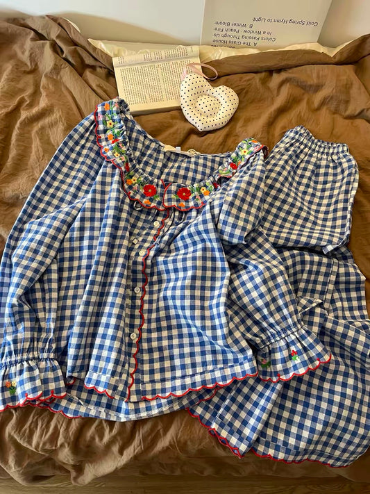 Women's Sweet Blue Plaid Long-Sleeve Pajama Set – Comfortable Button-Down Top & Pants (Suitable for Lounging or Stepping Out) – Spring/Autumn – Plus Size Available