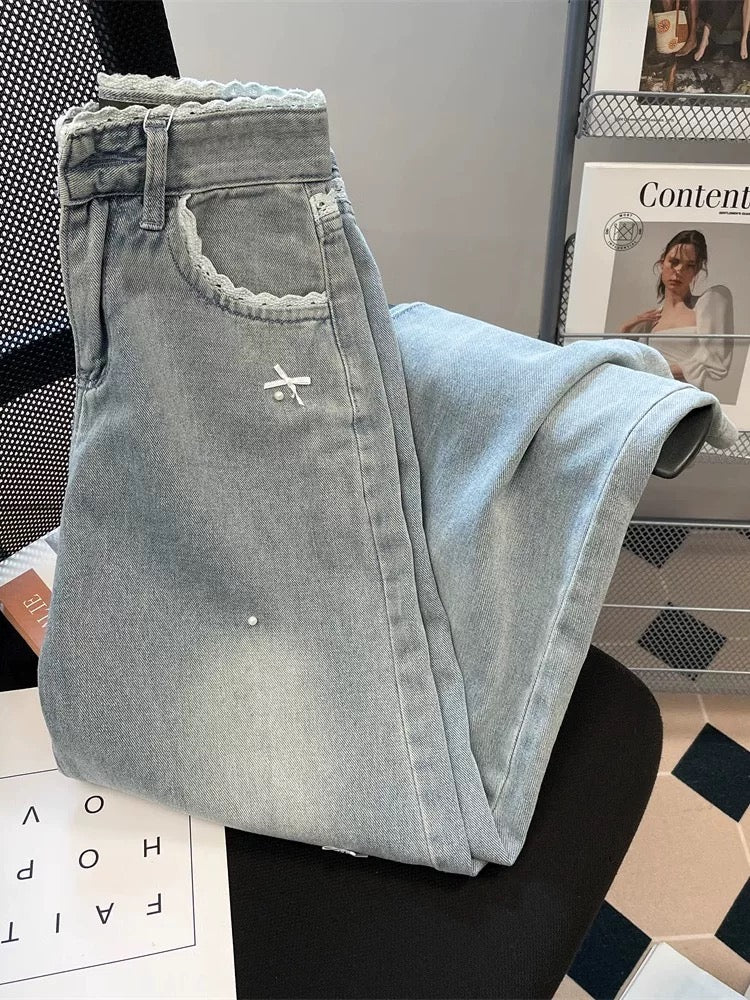 French retro lace bow jeans for women, stylish and unique, high waist, slimming, straight wide leg pants