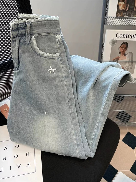 French retro lace bow jeans for women, stylish and unique, high waist, slimming, straight wide leg pants