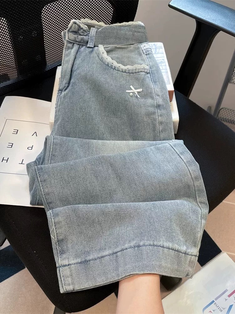French retro lace bow jeans for women, stylish and unique, high waist, slimming, straight wide leg pants