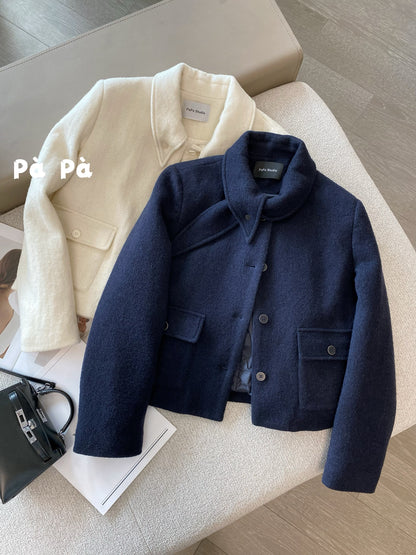 65% wool knit Korean style Chanel-inspired down jacket for women, winter coat with 90% white duck down and a tie-up scarf collar.