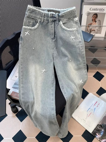 French retro lace bow jeans for women, stylish and unique, high waist, slimming, straight wide leg pants