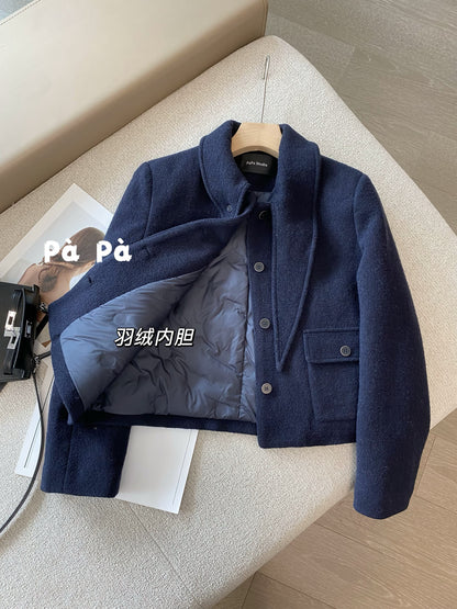 65% wool knit Korean style Chanel-inspired down jacket for women, winter coat with 90% white duck down and a tie-up scarf collar.