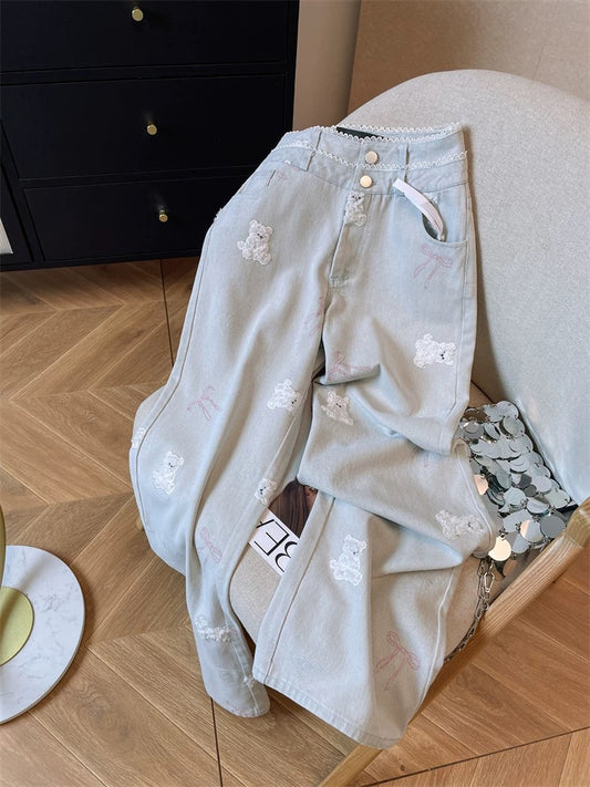 Retro blue heavy embroidered bear jeans for women Spring and autumn design niche unique straight wide-leg trousers