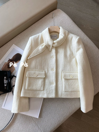 65% wool knit Korean style Chanel-inspired down jacket for women, winter coat with 90% white duck down and a tie-up scarf collar.