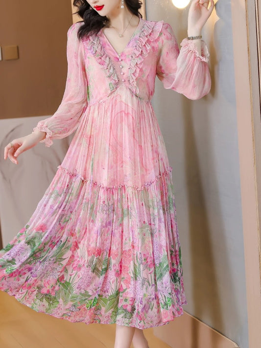 High-end high-end mulberry silk dress drawstring long-sleeved gradient silk seaside resort beach long dress Xianxia