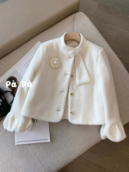 White stand-up collar faux mink fur down jacket for women, Chanel-style, winter anti-pilling, short top with a fur scarf collar.