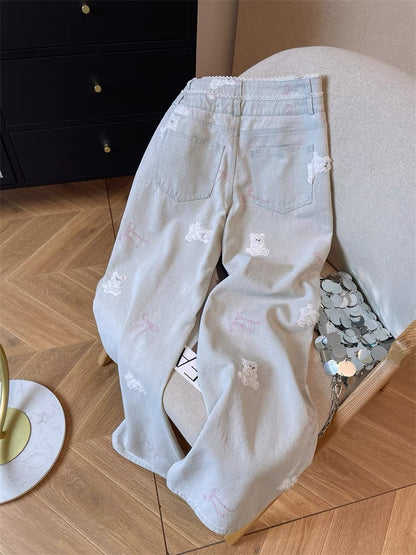 Retro blue heavy embroidered bear jeans for women Spring and autumn design niche unique straight wide-leg trousers