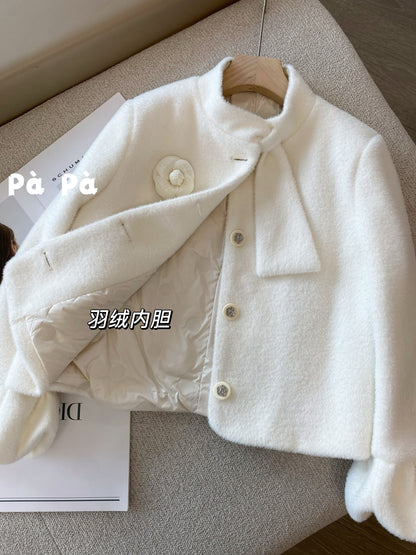 White stand-up collar faux mink fur down jacket for women, Chanel-style, winter anti-pilling, short top with a fur scarf collar.