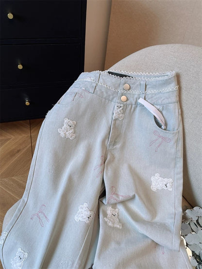 Retro blue heavy embroidered bear jeans for women Spring and autumn design niche unique straight wide-leg trousers