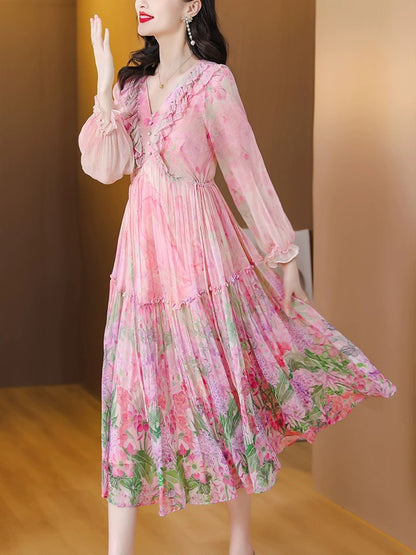 High-end high-end mulberry silk dress drawstring long-sleeved gradient silk seaside resort beach long dress Xianxia