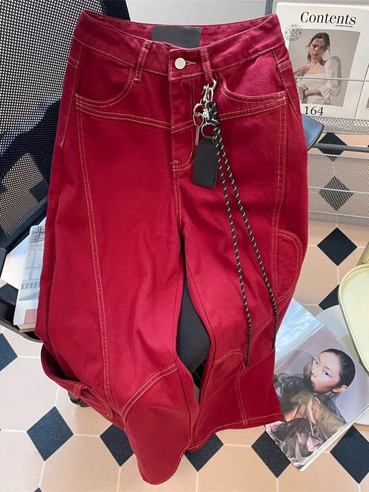 American retro workwear machete denim wide-leg pants women's summer loose cleanfit high waist straight mopping trousers