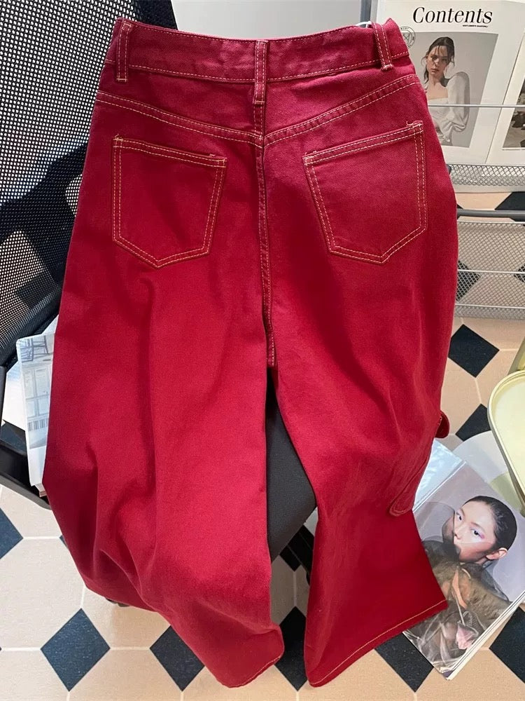American retro workwear machete denim wide-leg pants women's summer loose cleanfit high waist straight mopping trousers