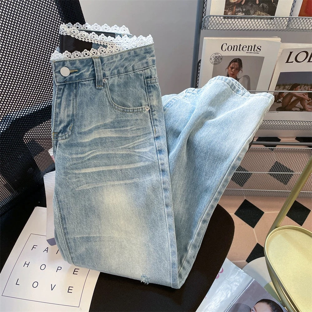 Design lace edge ripped flared jeans for women this summer popular style slim narrow straight trousers