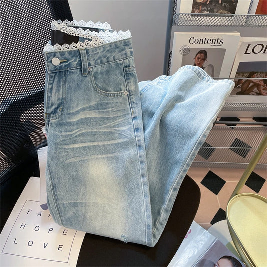 Design lace edge ripped flared jeans for women this summer popular style slim narrow straight trousers