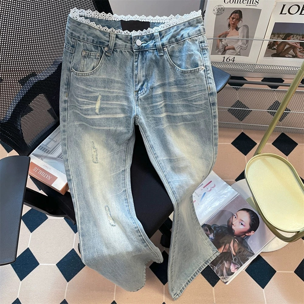 Design lace edge ripped flared jeans for women this summer popular style slim narrow straight trousers