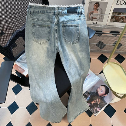 Design lace edge ripped flared jeans for women this summer popular style slim narrow straight trousers
