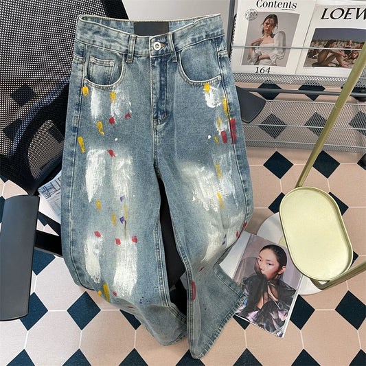 American high street hiphop graffiti denim trousers for women summer unique design niche retro high waist wide leg trousers