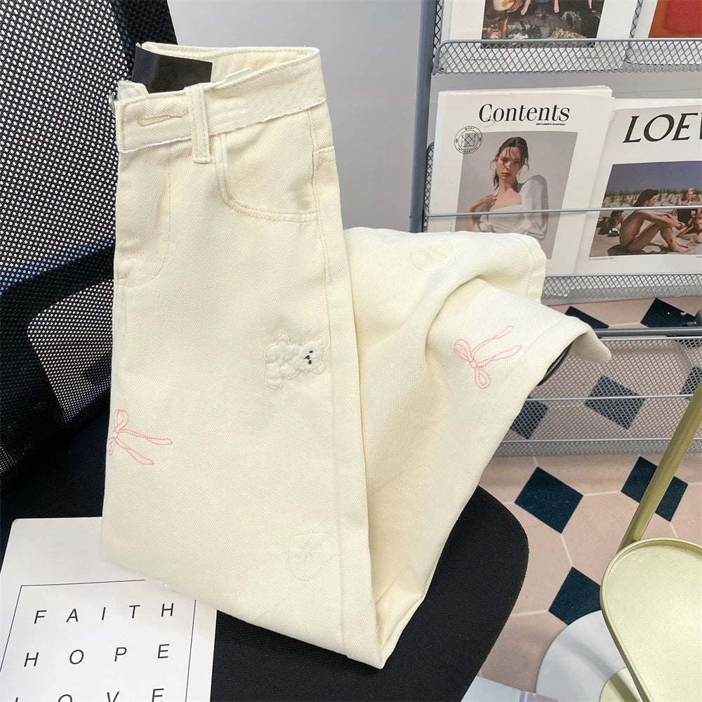 Cream apricot cute bear embroidered denim wide-leg pants for women summer loose high waist straight slim drape long pants