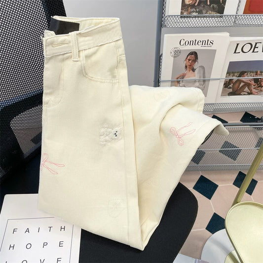 Cream apricot cute bear embroidered denim wide-leg pants for women summer loose high waist straight slim drape long pants