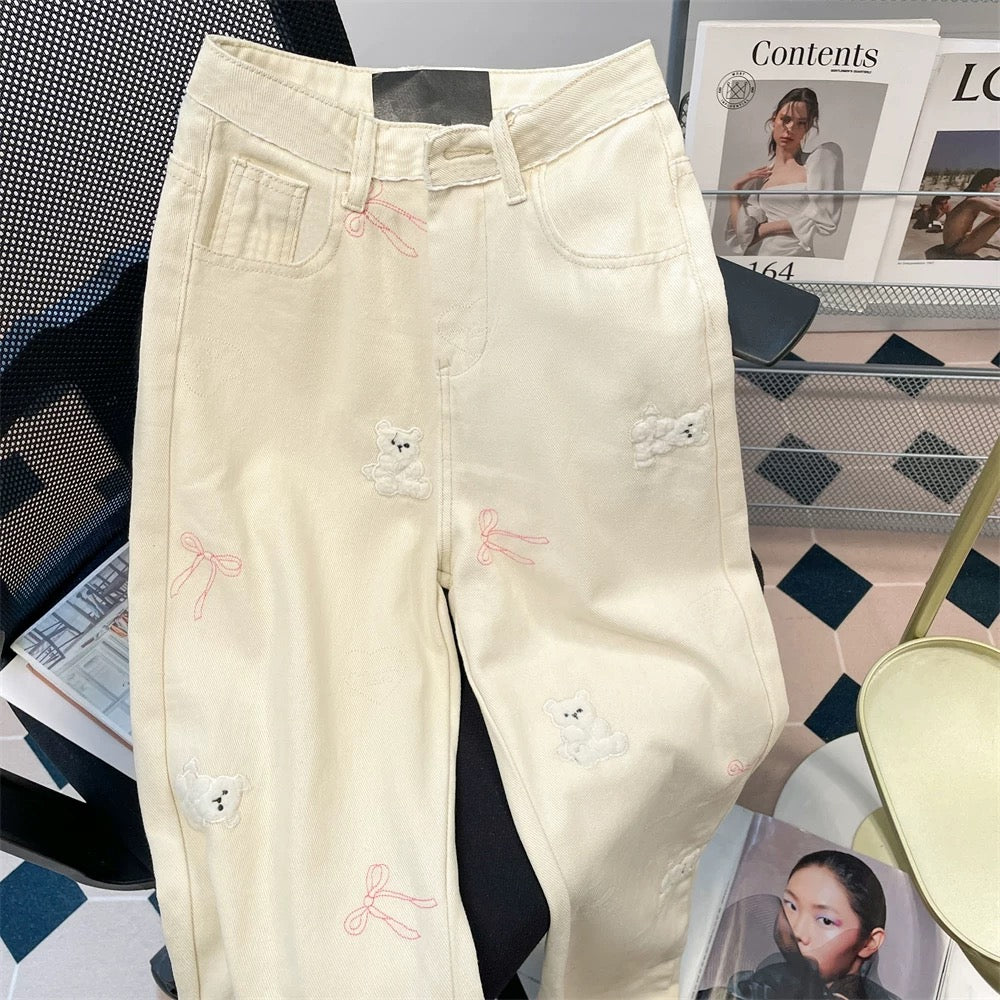 Cream apricot cute bear embroidered denim wide-leg pants for women summer loose high waist straight slim drape long pants