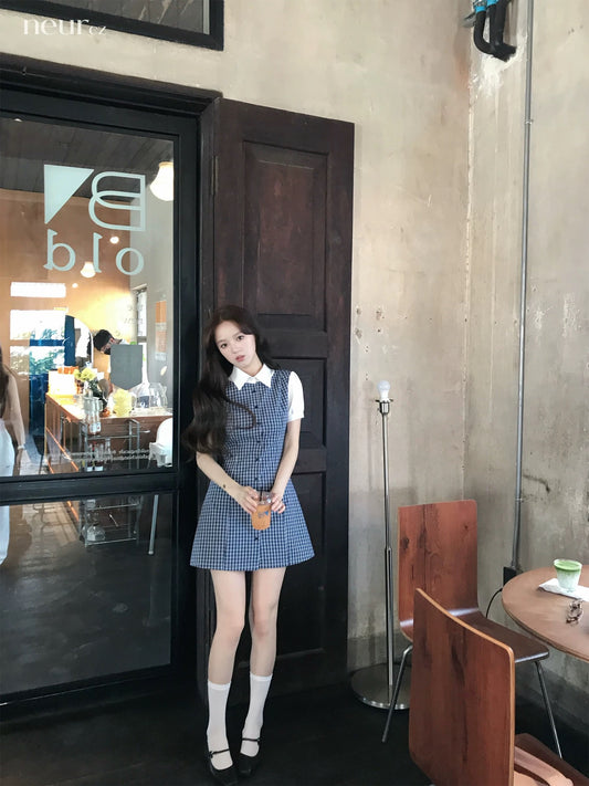 neurcz Faux two-piece plaid patchwork shirt collar dress for women, spring style, 80% cotton, short, preppy style, fitted waist.