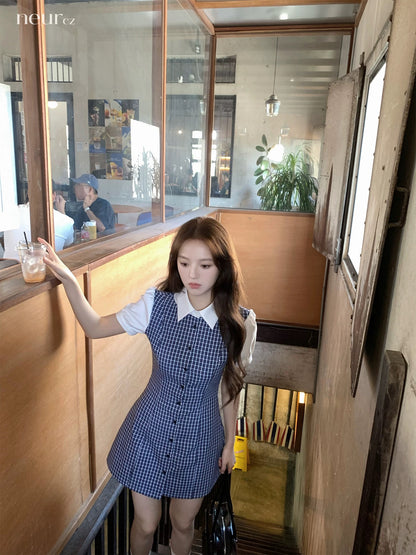 neurcz Faux two-piece plaid patchwork shirt collar dress for women, spring style, 80% cotton, short, preppy style, fitted waist.