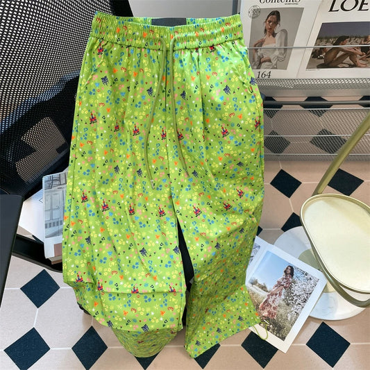 Dopamine green full print floral wide-leg trousers women's summer light lazy style casual quick-drying workwear paratrooper pants