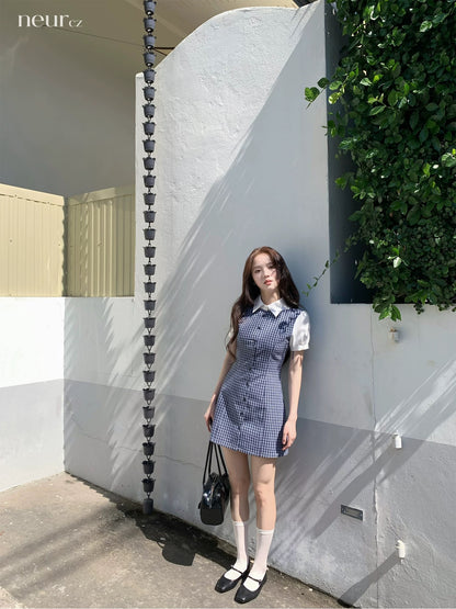 neurcz Faux two-piece plaid patchwork shirt collar dress for women, spring style, 80% cotton, short, preppy style, fitted waist.
