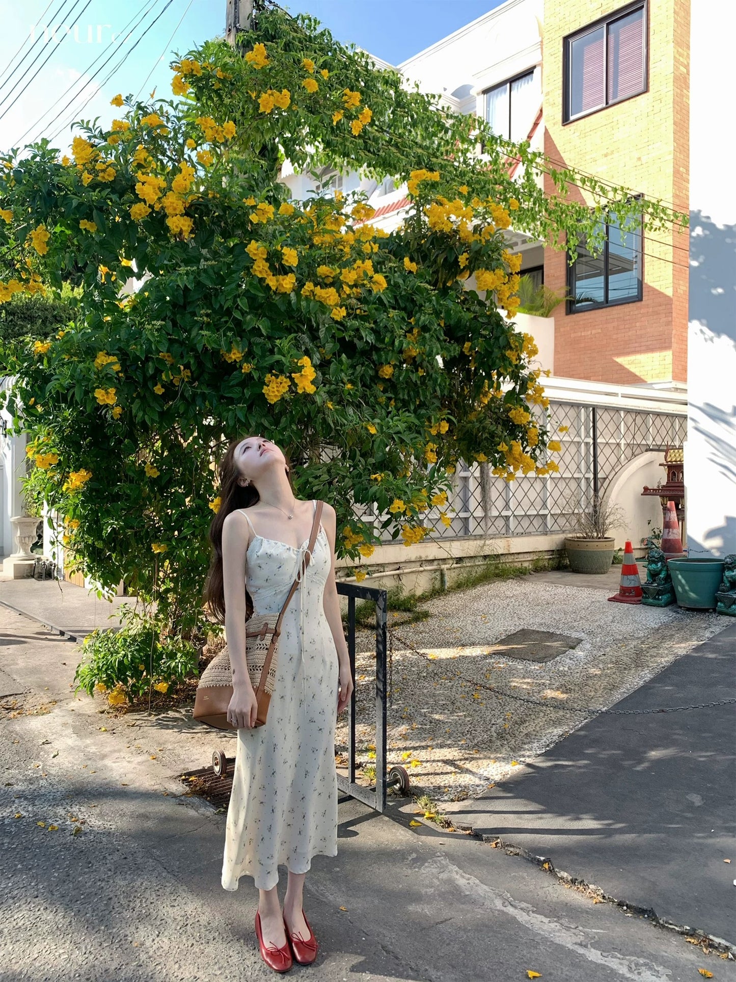 neurcz Long Floral Print Sundress for Women, Spring Style, Drawstring Waist-cinching, Slimming, A-line French Skirt